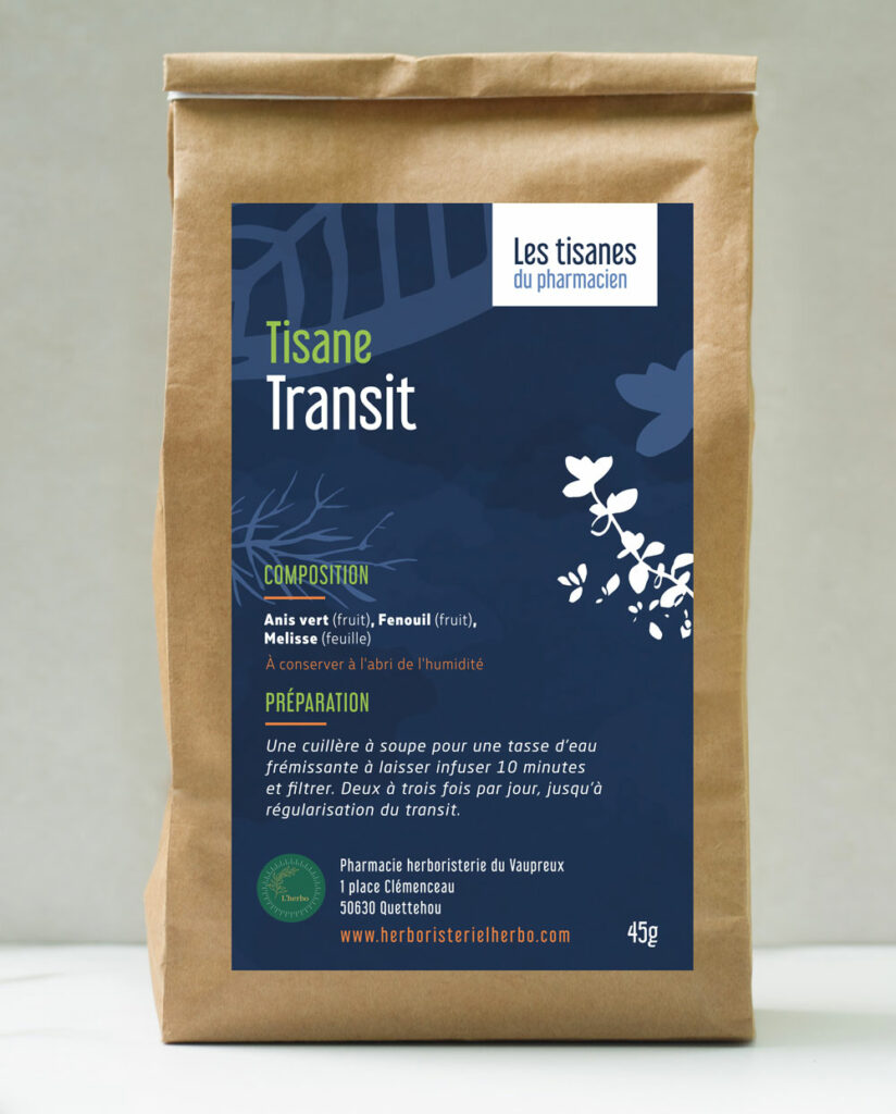 Voici nos thé et tisane de l'herbo de quettehou  tisane transit